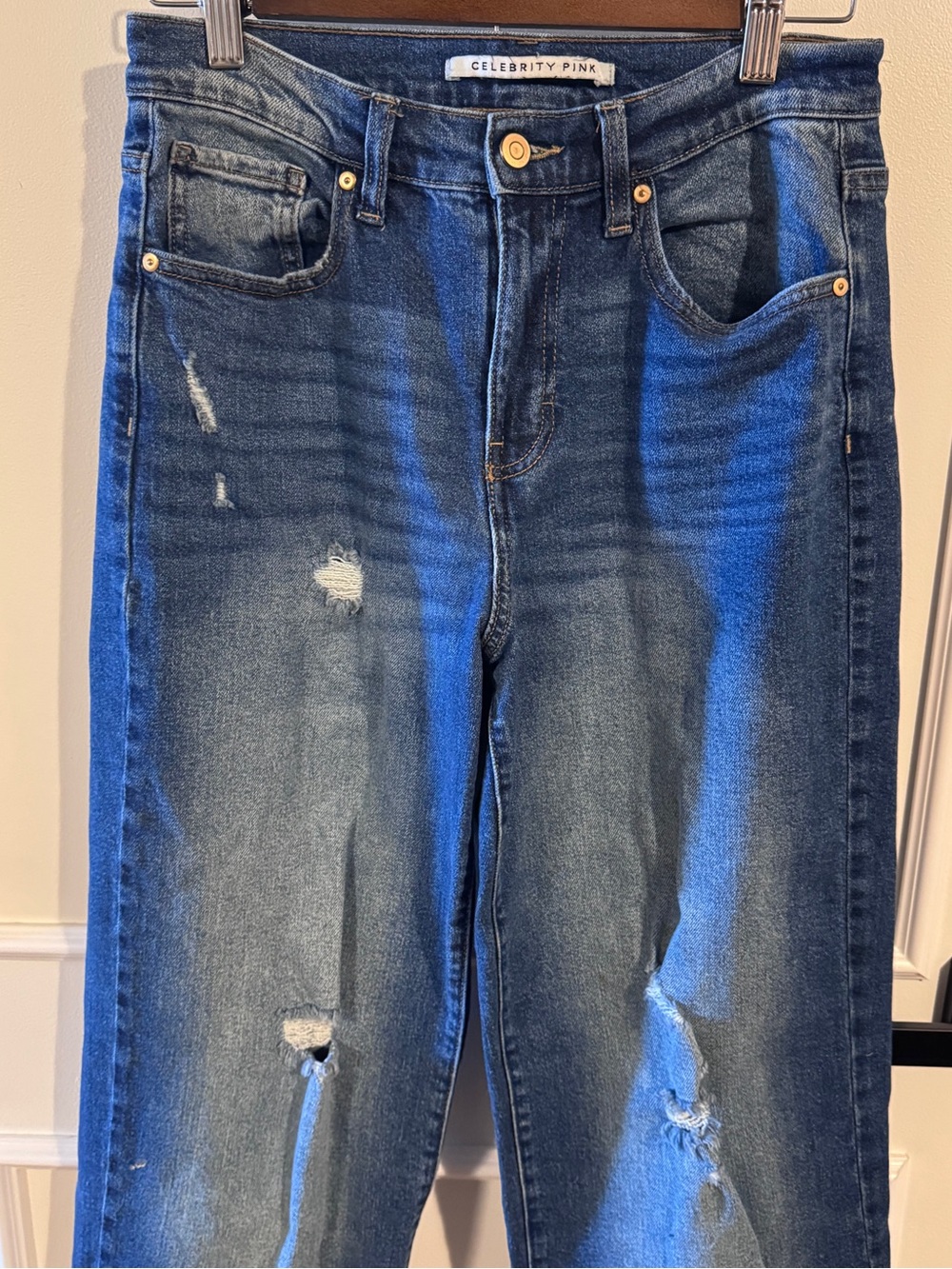 Celebrity Pink Women's Straight Leg Distressed Dark Blue Jeans